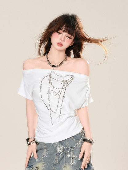 White Off-the-shoulder Neckline Beaded Chain Print T-Shirt