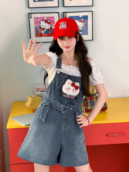 襟付きぬいぐるみキティパフスリーブTシャツホワイトフリルレース