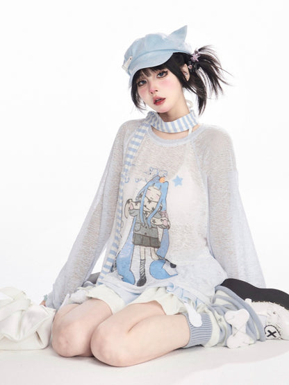 デザインカラーブロックカバーアップ ブルー/ピンク ラウンドネック 漫画ガールプリント セミシアー