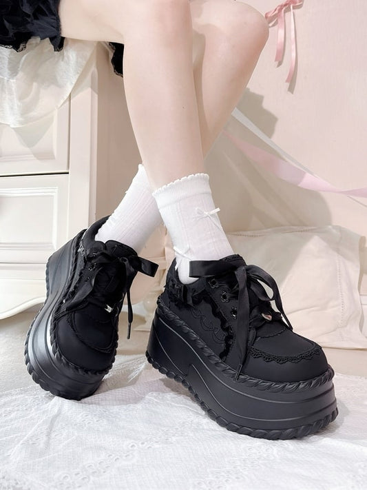Shoes Cream Otaku - Black Trim with Details Platform Piping Bow Lace Kawaii