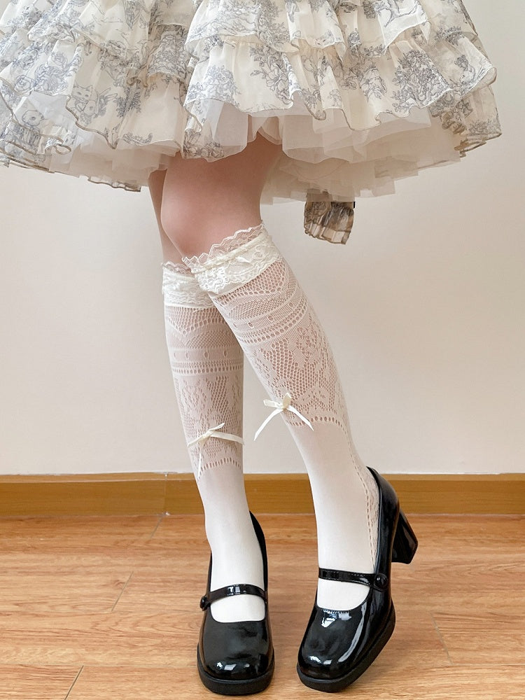 Lolita Calf Socks in White & Milk White with Lace Trim & Bow Accent - Fat Bear Story
