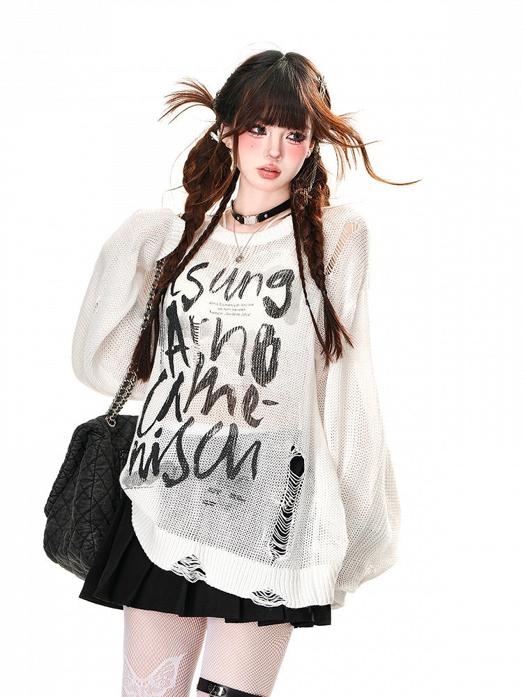 Top Distressed Weiß/Braun/Schwarz Buchstabendruck Löcher Sommer Sonnenschutz Aushöhlen