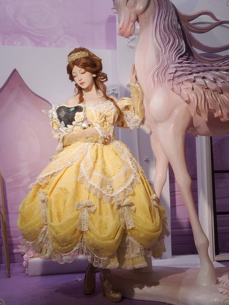 Hanayome Details Bow Yellow Layered Lace Gown and Ruffles Version with Short Lolita Hime Off-Shoulder