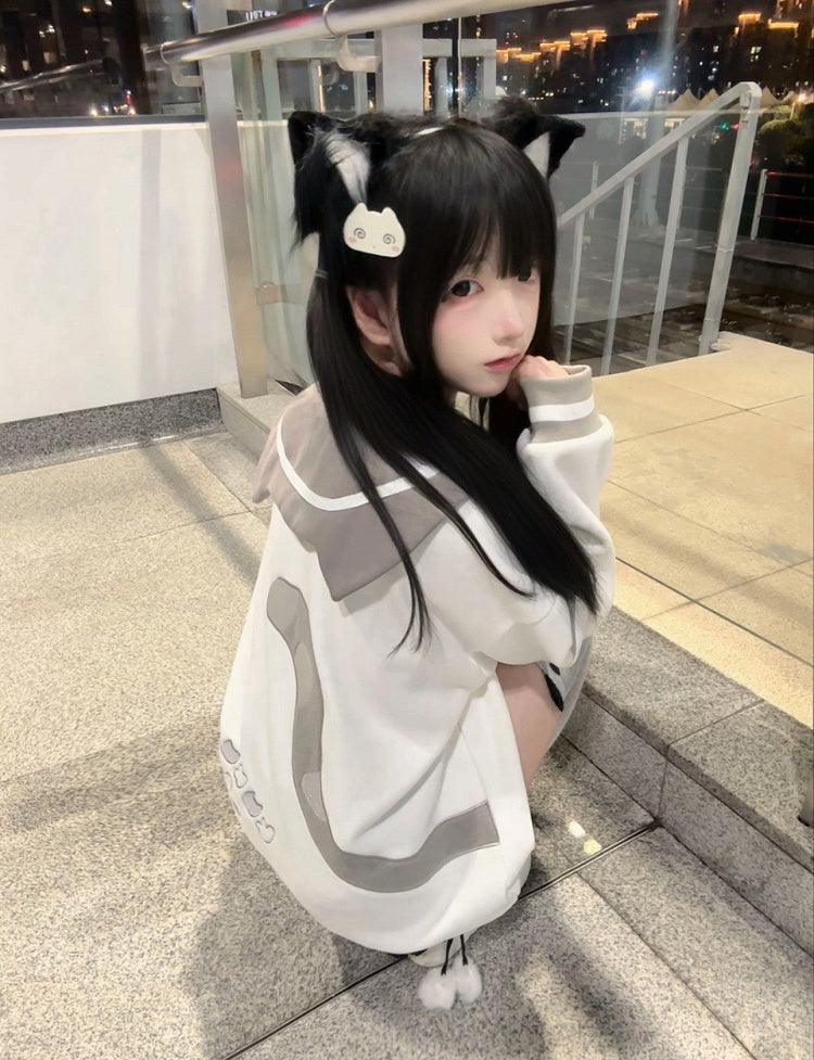 Kawaii Puff Core Cat Sailor with 3D Collar Embroidery Sweatshirt Design Otome White Gray