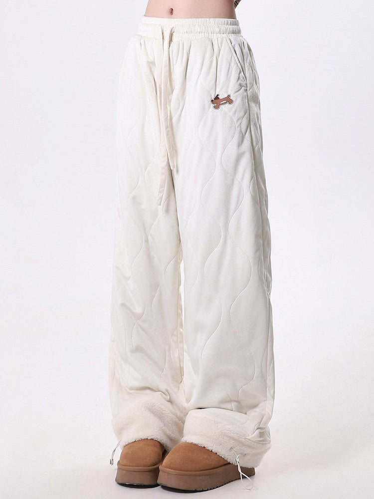 with Beige Embroidery Quilting Plush Dog Cuffs Cozy Fluid Pants Wave