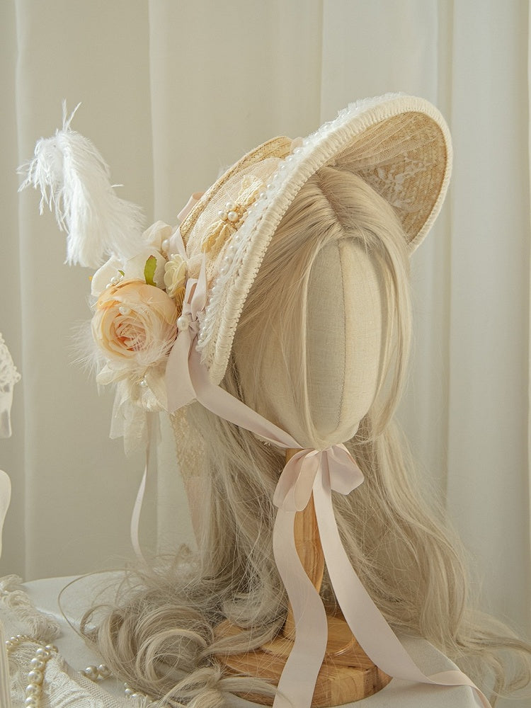 Design Floral Feather Beaded And Straw Hat Decorated Beige
