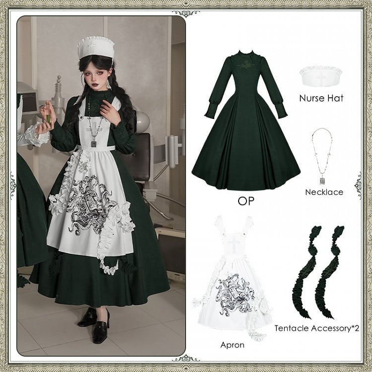 Dark Green Cthulhu Gothic Lolita OP Set – Tentacles + Apron + Nurse Hat + Necklace | With PUJI