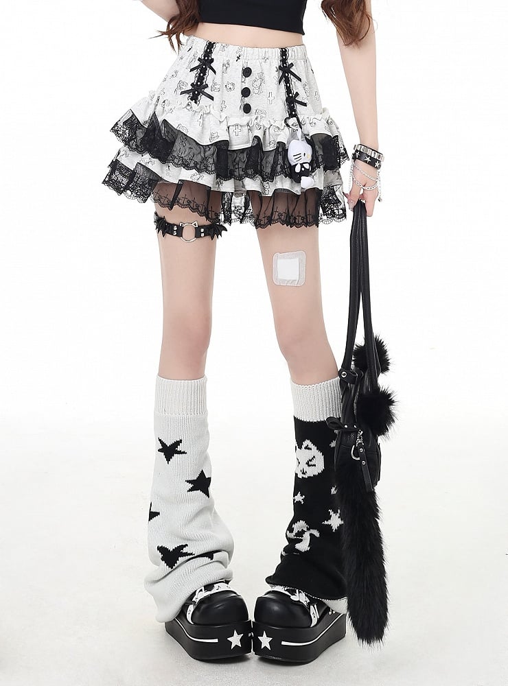 レースブラックトリムライトグレーキティプリントティアードスカート