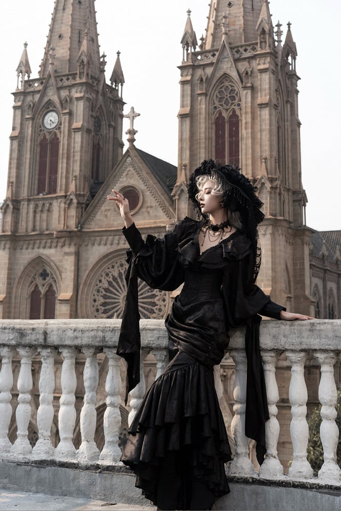 Gothic Asymmetrischer Rock Korsett mit Taillenstäbchen Kaskadierender hoher Lolita-Volant Meerjungfrauensaum Schwarz