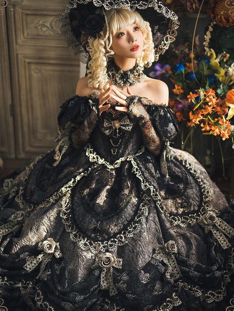 Gray Layered Lace Hanayome Details with Bow Ruffles Lolita Version Gown and Off-Shoulder Hime Black Short