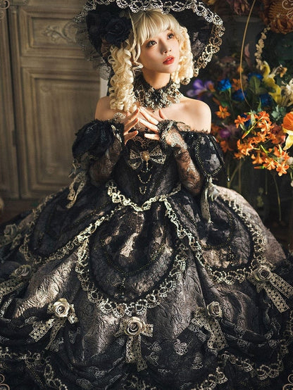 Gray Layered Lace Hanayome Details with Bow Ruffles Lolita Version Gown and Off-Shoulder Hime Black Short