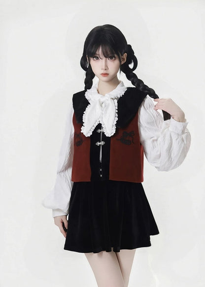 ブラックベルベットの太もも丈ジップ開閉スコート