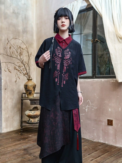 With Talisman Short-sleeve Gothic Fake Blouse Black Two-piece Chinese Print Red