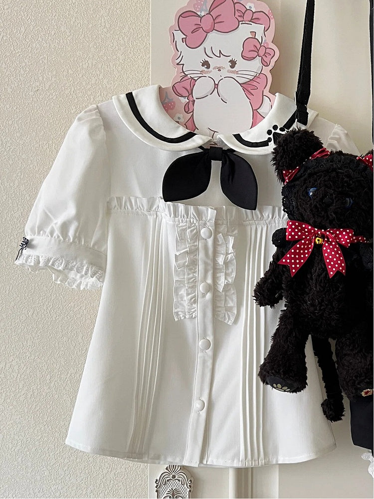 Bow Navycore and with White Black Embroidery Shirt Cat Sailor Collar Paw Tie