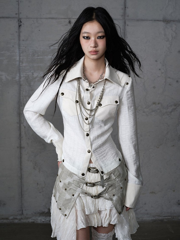 Punk Vintage Detachable Hem Patchwork White Back PU with Shirt Deconstructed