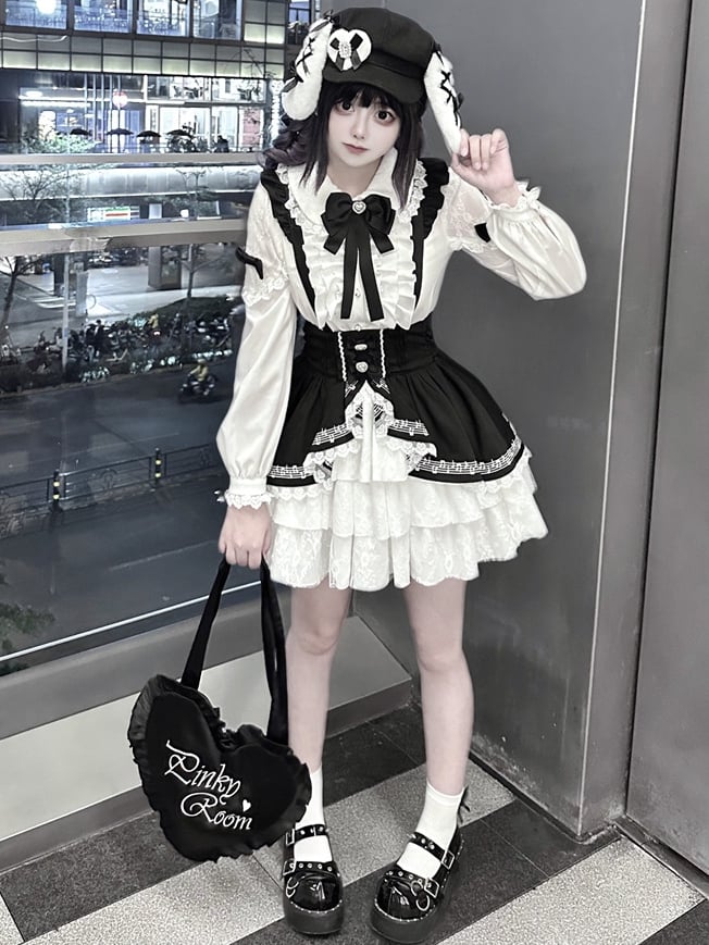 Jirai Kei Schwarz-Weißes Overallkleid mit Stufenrock und hoher Taille im Landmine-Stil