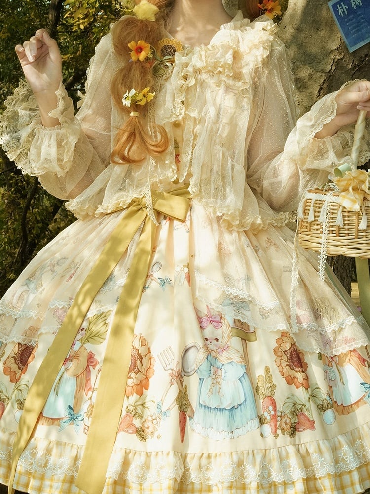 Lolita Bowknots with Sheer Ruffled and Top Trim Apricot Lace