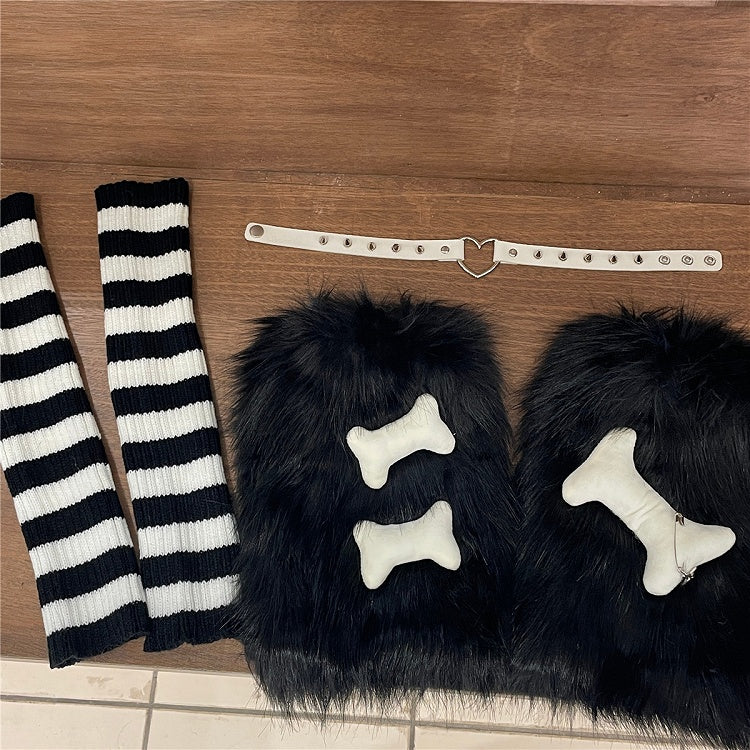 Black / Gray Bone-Shaped Decoration Faux Fur Leg Warmers + Knitted Leg Warmers + Heart Garter