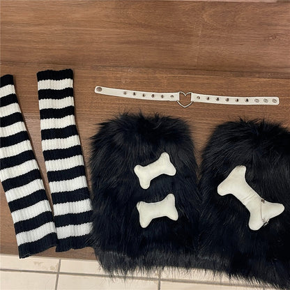 Black / Gray Bone-Shaped Decoration Faux Fur Leg Warmers + Knitted Leg Warmers + Heart Garter