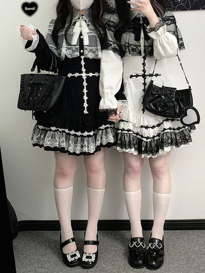 Skirt Rose Cross Landmine White/Black/Pink Embroidery Jirai Hem High Style Kei Lace Waist