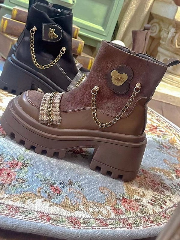 Brown with Boots Details Bear Academic Heel Style Reddish Platform 7cm