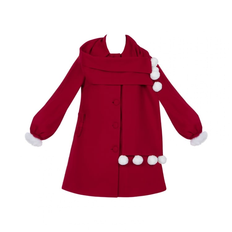 ポンポンスカーフカラー、レッドの新年衣装、ウールコート、プラッシュトリムカフス