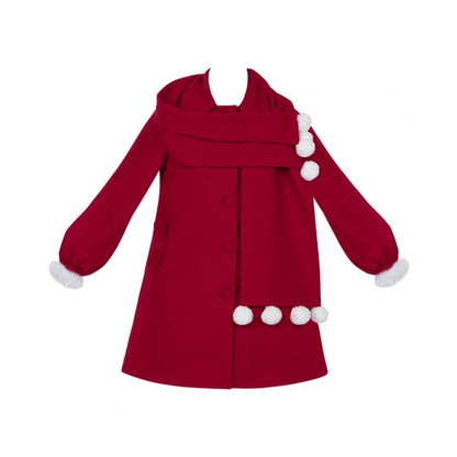 ポンポンスカーフカラー、レッドの新年衣装、ウールコート、プラッシュトリムカフス