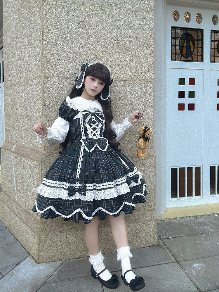 und Kleid karierte Puffärmel mit Akzenten Lolita-Schleife gewellter Rand süßes Grün