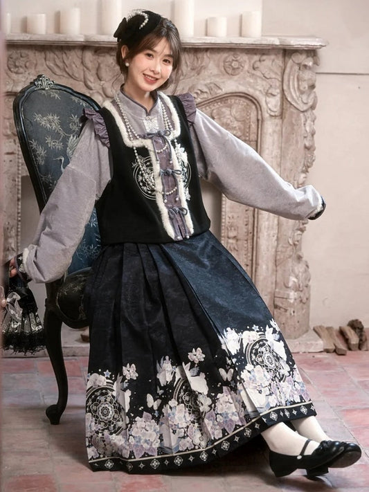 Schwarzer plissierter Midirock im Cheongsam-Stil mit Mondhasen-Motiv