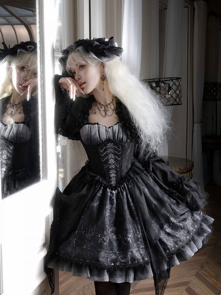 Print Butterfly Corset Spaghetti Ribs Straps Lolita Gothic Dress JSK and