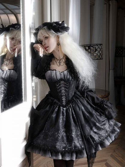 Print Butterfly Corset Spaghetti Ribs Straps Lolita Gothic Dress JSK and