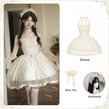 Waist Dress Boned Bow Flower Basque Elegant Detachable Hairband Neck Beige + Self-tie Halter