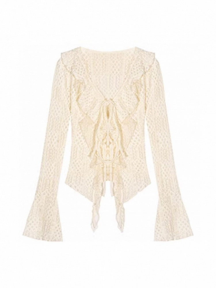 Beige Wasteland Cardigan with Bell Sleeves Punk Lace V-Neck Ruffled