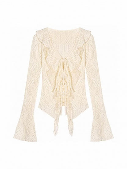 Beige Wasteland Cardigan with Bell Sleeves Punk Lace V-Neck Ruffled