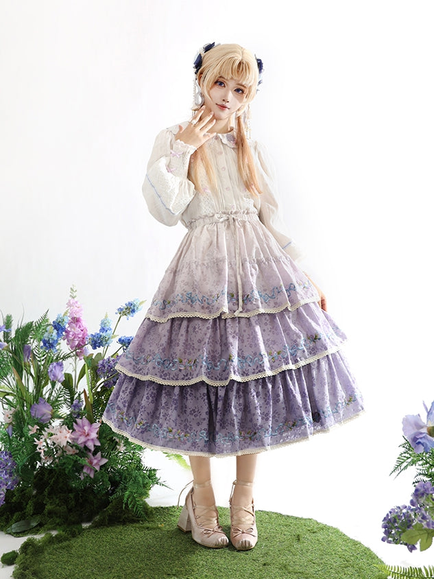 Ombre Violet Tiered Skirt Iris Embroidery Delicate