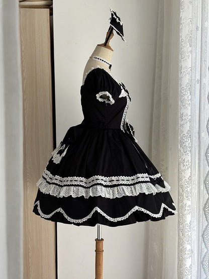 Lolita Ärmel Schwarz Alt Kurzer Ausschnitt Schulstück Puff Square One und Kleid Baumwolle