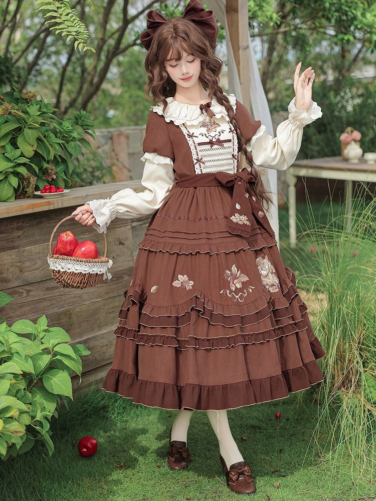 Brown Acorn & Squirrel Embroidered Lolita OP Dress with Peter Pan Collar, Ruffles, Belt, Brooch & Bow Hairclip - With PUJI