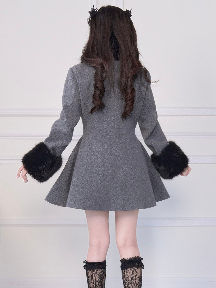 Rhinestone Bow Jirai Coat Double-Breasted Collar Waist-Cinched Kei Gray Cuffs Fuzzy with and