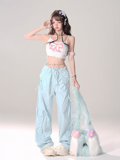 Blue Low Waist Wide-Leg Pants with Asymmetrical Drawstring Bows