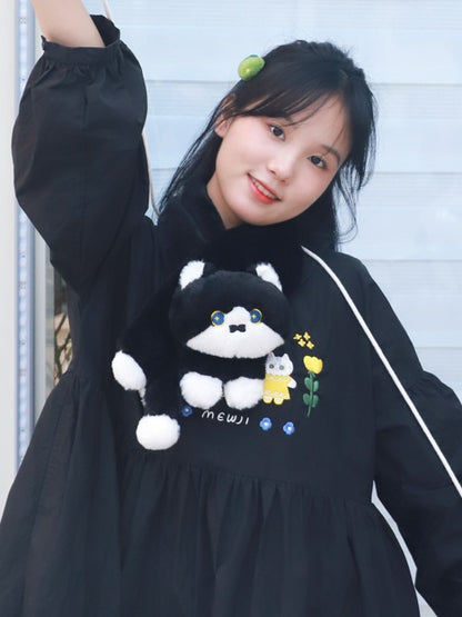 Cute Cat Design Black Plush Scarf