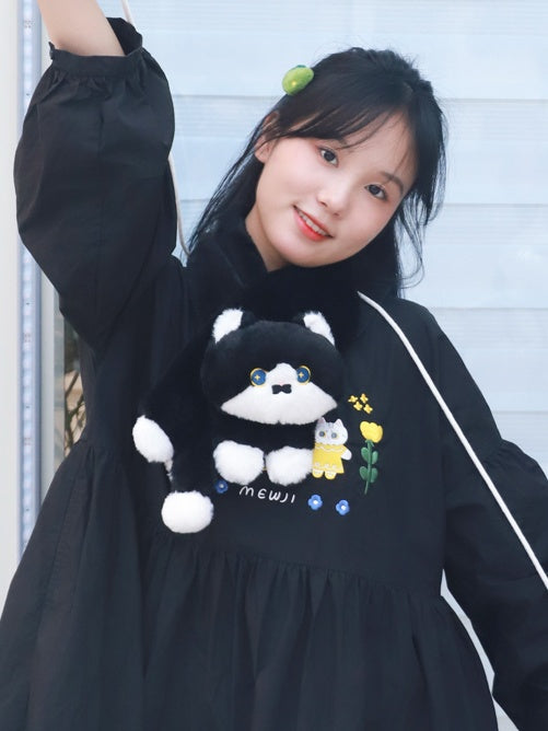 Cute Cat Design Black Plush Scarf