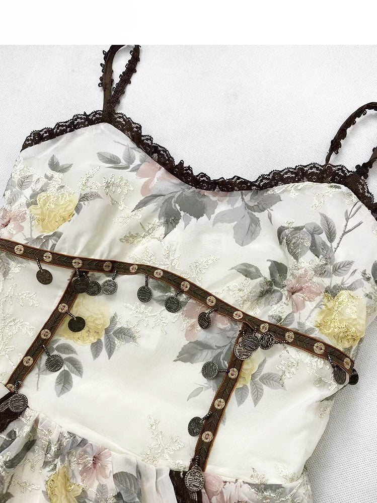 High-Low-Braun Ärmel Cami Cardigan Bell Weiß Rock Mit Kleid Urlaub Floral