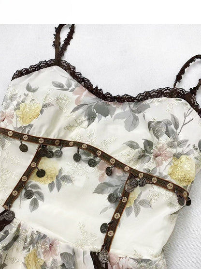 High-Low-Braun Ärmel Cami Cardigan Bell Weiß Rock Mit Kleid Urlaub Floral