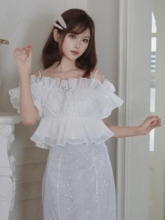 White Ruffle Chiffon Cami with Beaded Straps - Smyster