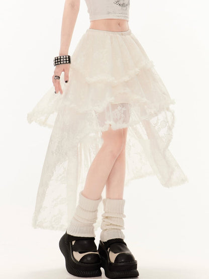 Skirt Apricot Low Hem Waist High-low Tiered Lace Asymmetrical with