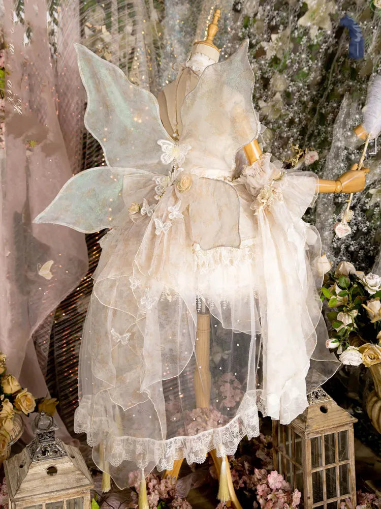 Lolita Fairycore Kleid JSK Beige Volles Design Prinzessin und Set Schmetterling Blumen