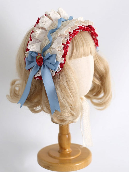 Strawberry Details Blue Applique Ruffled with Hairband Bowknot Red