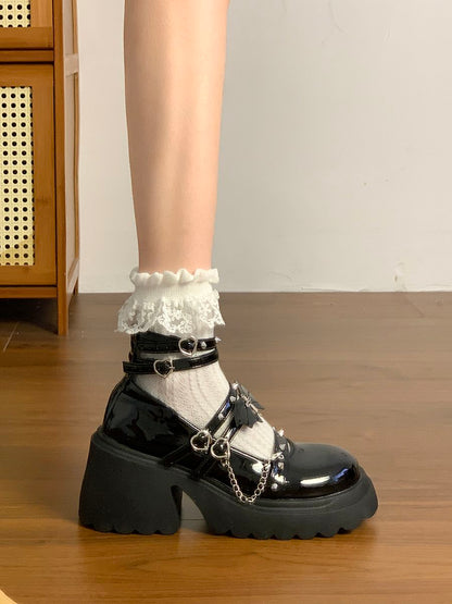 Japanese Punk Gothic Platform Mary Jane Heels – Round Toe Thick Sole Leather Shoes | LilyVow