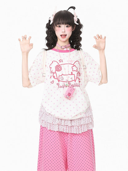 White Short Sleeve Tee with Star & Cartoon Girl Graphic - Languid Park