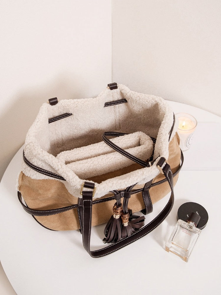 Brown Tote Bag With Vintage Bamboo Knot Accents - Large Capacity Shoulder Bag For Fall And Winter Plush Trim